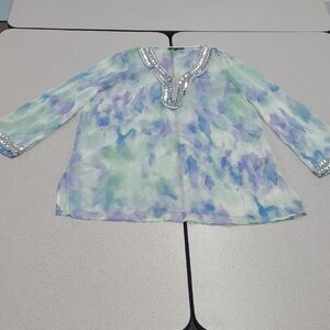 Adrienne Vittadini Pastel Tie-Dye Tunic Sheer Swim Cover W/Silver Accents Size L